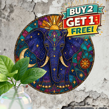Boho Starry Night Elephant Artwork Round Metal Sign Room Wall Decor Plaque 8x8 picture