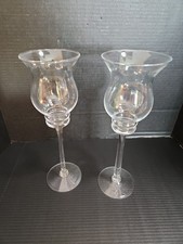 Vintage Pair of Tall Clear Glass Tulip Candle Holders Stemmed Votive 14