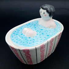 Vintage Mid Century Ceramic Girl in Bathtub Trinket Box Vanity Storage Jar picture