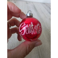 Vintage seasons greetings stencil red glass ornament Xmas tree picture