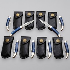 8pc Handmade Damascus Folding Pocket Knife Set Blue Bone Handle Leather Sheaths picture