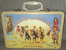 VTG “Howdy Buckaroo” COWGIRL RODEO ART WESTERN TIN METAL LUNCH BOX TREASURE BOX picture