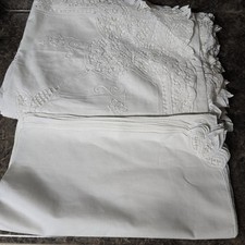 Vtg White Linen Blend Tablecloth Set 72x144 Hand Embroidery Cutwork Lace picture
