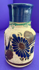 Vintage Mexico Tonala Vase Blue Flower Hand Painted Pottery Vase Signed SALE picture