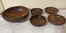 Vintage MCM Zelkova (Japanese Keyaki) Wood Salad Bowl Set, 5 Pieces, Serving Set picture