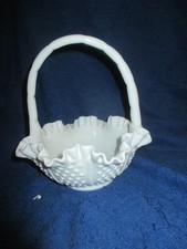 Mint Vintage Fenton Milk Glass Hobnail Basket White With Handle Curved Ruffle picture