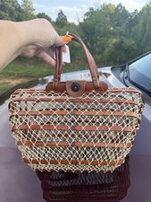 VTG 1960’s Japanese Folding Fishing Net Bamboo Basket Purse Bag Leather Closure picture