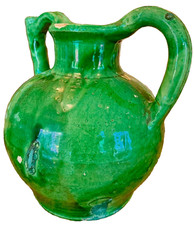 FRENCH ANTIQUE POTTERY TERRACOTTA CRUCHE GREEN GLAZE CONFIT EARTHENWARE PITCHER picture
