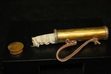 C0904 Authentic Antique Brass Amulet Tube Gau with Fabric Mantras.  Tibet. picture