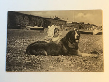 Postcard St Bernard Dog Little Victorian Girl Rocky Beach Boats c1903-1904 picture