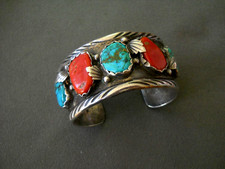 Native American Zuni Turquoise & Coral Row Heavy Sterling Silver Cuff Bracelet picture