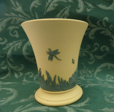Wedgwood Jasperware Trumpet Vase Primrose Yellow & Green Dragonfly Grasshopper picture