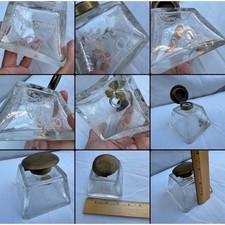 Vintage Antique Inkwell Etched Glass Brass Lid Clear Floral Dark Academia Desk picture