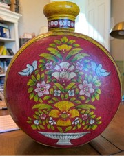 Vintage Hand Painted Indian Moon Flask canteen metal floral vase picture