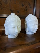 Vintage White Marble Buddha Head Bookends Pair Hand Carved Stone Sculptures picture