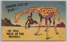 Vintage Comic Giraffe Monkey having Fun Postcard Fenton MI 1946 Baltimore Ohio picture