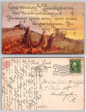 1915 Thanksgiving Postcard Ritty Thum Corn Shocks Pumpkins F.A. Owen Dansville picture