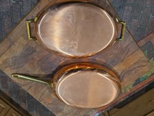 2 PAUL REVERE 1801 COPPER & SS AU GRATIN & FISH FRYER PANS BRASS HANDLES NICE picture
