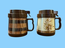 Vintage Thermo-Serv Insulated Coffee Mugs Set Barrel Wheat Cabin Camper Used picture