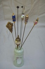 LOT OF 8 VTG HAT PINS WITH PORCELAIN HAT PIN HOLDER picture