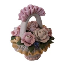 Vintage Capodimonte Style Porcelain Flower Basket Figurine Pastel Roses Bow GUC picture
