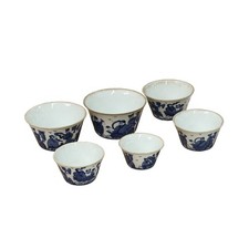 Vintage Set of 6 Small Blue White Figural Graphic Porcelain Bowls GB829 picture