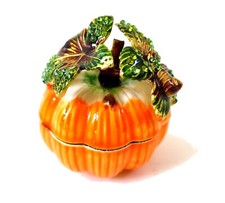 Bejeweled Orange Pumpkin Hinged Metal Enameled Crystal Trinket box picture
