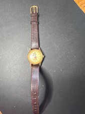 Rare Vintage Lorus Mickey Mouse Watch Gold w/ Brown Leather Strap, Needs Battery picture
