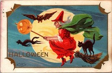 Antique Halloween Postcard Witch Broomstick Owl Black Cats Moon MW Taggart c1910 picture