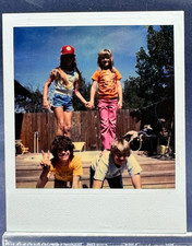Vintage old found photo 1970s Color Polaroid Children Human Pyramid Peace Sign picture