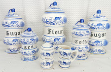 7 PC VINTAGE BLUE ONION CANISTER SET FLOUR SUGAR COFFEE TEA SM SUGAR SM CREAMER picture