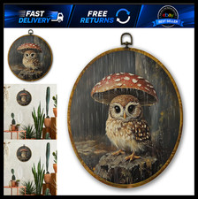 Vintage Owl & Mushroom Wall Art Decor, Cottagecore Framed Canvas 10x10, Retro picture
