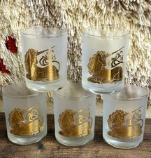 5 VTG CULVER 22k Gold Unicorn Frosted LOW BALL Glass MCM 60s Minty All Signed picture