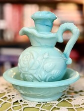 Avon Blue Milk Glass Cruet Bottle Stopper Dish Set Floral Embossed picture