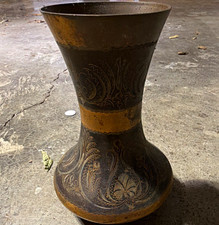 Engraved Metal Bottle Vase Brown/Black Antique Finish Paisley Design Art picture