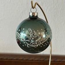 RARE Corning Franke Glass Snowman Merry Christmas Ornament Blue 2.5in US of A picture