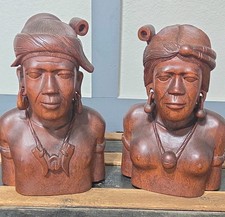 Vtg Hand Carved Wood Bust Sculpture Igorot Tribe Man & Woman Philippine 13” Tall picture
