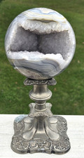 1700g [3 lb 12 oz] Banded Blue Agate Druzy Crystal Sphere & Vintage Pewter Stand picture