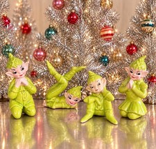 Vintage 1950s Chartreuse Green Pixie Elf Figurines Set of 4 MCM California Potte picture