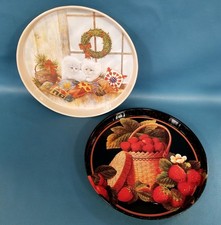 VTG 90s Graphic Metal Serving Tray Lot of 2- Holiday Kittens & Strawberry Basket picture