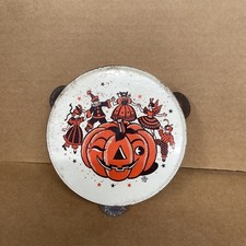 Vintage 1950s US Metal Toy Halloween Tin Litho Tambourine Noisemaker Pumpkin picture