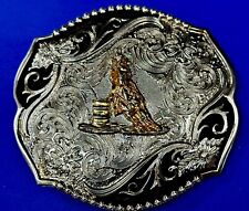 Large Barrel Racing Rodeo Cowboy Two Tone Ornate Western Edge Brand Belt Buckle picture
