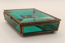 Vintage Via Vermont Glass And Brass Casket Trinket Box Green Diamond Shape picture