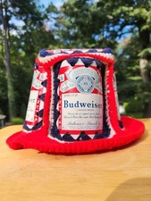 Vintage 70s Budweiser Beer Can Hat Crochet Bucket Hat Retro Handmade Red White picture