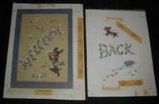 WELCOME BACK Cartoon Dog w Flowers SET of 2 6.5x9