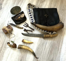 Antique Native American?Tacked Possible Bag, 2 Stag Knives-3 Powder Horns-Rare picture