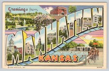 Manhattan KS Postcard Kansas Greetings From LARGE LETTER Linen Curteich Vintage picture