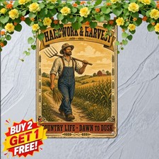 Hardworking Farmer In Cowboy Hat Poster Sign Rustic Farm Labor Metal Plaque picture