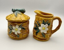 Vintage Tiki Bamboo Flower Ceramic Sugar and Creamer Mid Century Modern Japan picture