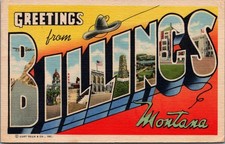 Greetings from Billings Montana Linen Postcard Curt Teich 1940s Yellowstone picture